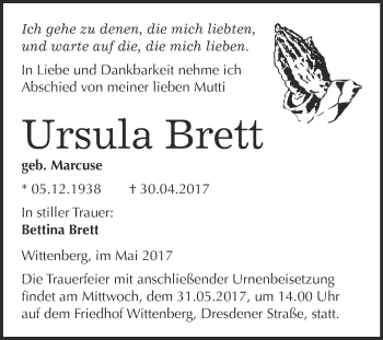 Traueranzeige von Ursula Brett von WVG - Wochenspiegel Wittenberg