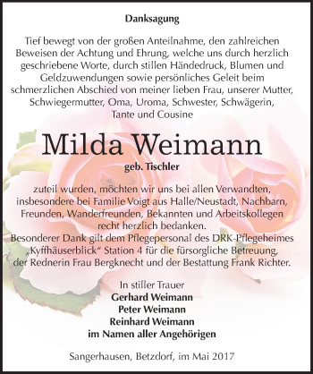 Traueranzeige von Milda Weimann von Mitteldeutsche Zeitung Sangerhausen