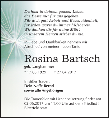 Traueranzeige von Rosina Bartsch von Mitteldeutsche Zeitung Bitterfeld