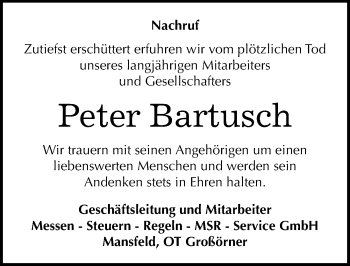 Traueranzeige von Peter Bartusch von Mitteldeutsche Zeitung Mansfelder Land
