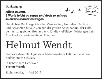 Traueranzeige von Helmut Wendt von Super Sonntag Wittenberg