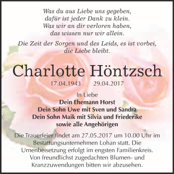 Traueranzeige von Charlotte Höntzsch von WVG - Wochenspiegel Bitterfeld