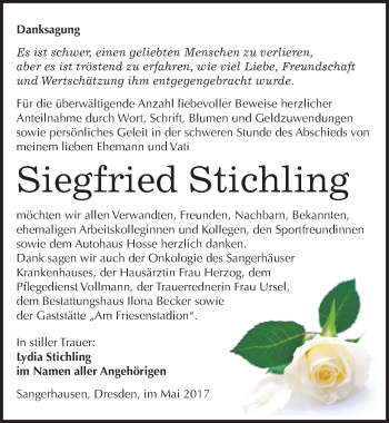 Traueranzeige von Siegfried Stichling von Mitteldeutsche Zeitung Sangerhausen