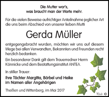 Traueranzeige von Gerda Müller von Super Sonntag Zeitz