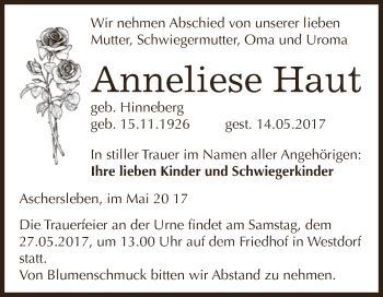 Traueranzeige von Anneliese Haut von Super Sonntag Aschersleben