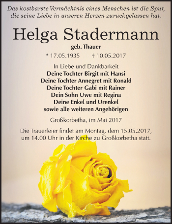 Traueranzeige von Helga Stadermann von Mitteldeutsche Zeitung Weißenfels