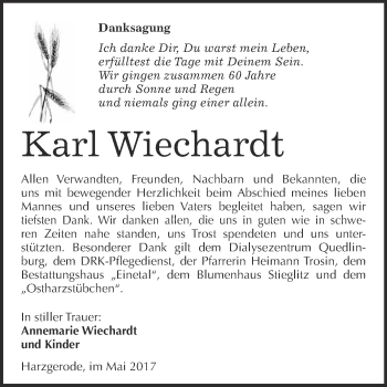 Traueranzeige von Karl Wiechardt von Super Sonntag Quedlinburg