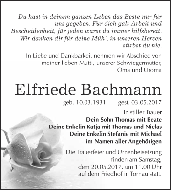 Traueranzeige von Elfriede Bachmann von WVG - Wochenspiegel Bitterfeld