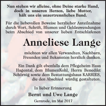 Traueranzeige von Anneliese Lange von WVG - Wochenspiegel Quedlinburg