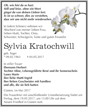 Traueranzeige von Sylvia Kratochwill von Super Sonntag Bernburg