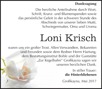 Traueranzeige von Loni Krisch von Mitteldeutsche Zeitung Merseburg/Querfurt