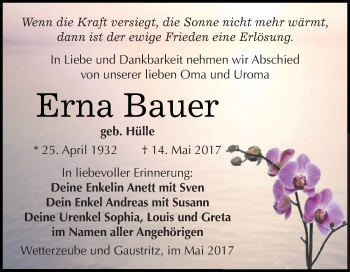 Traueranzeige von Erna Bauer von Super Sonntag Zeitz