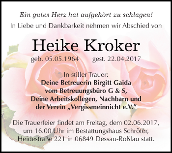 Traueranzeige von Heike Kroker von WVG - Wochenspiegel Bitterfeld