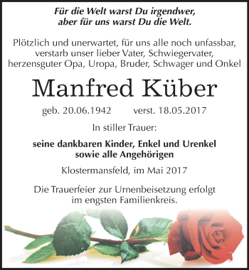 Traueranzeige von Manfred Küber von Mitteldeutsche Zeitung Mansfelder Land