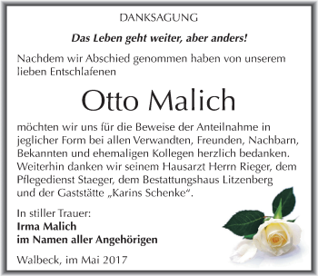 Traueranzeige von Otto Malich von Mitteldeutsche Zeitung Mansfelder Land