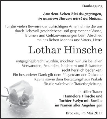 Traueranzeige von Lothar Hinsche von Super Sonntag Zeitz