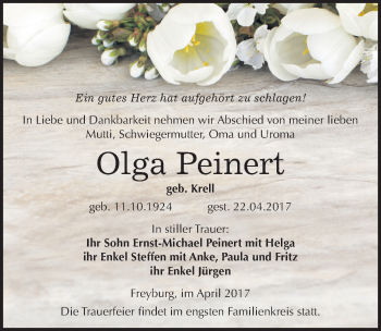 Traueranzeige von Olga Peinert von Mitteldeutsche Zeitung Naumburg/Nebra
