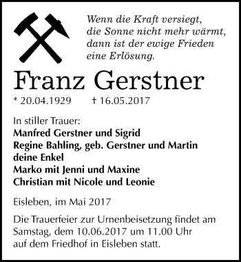 Traueranzeige von Franz Gerstner von Mitteldeutsche Zeitung Mansfelder Land