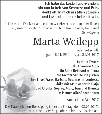 Traueranzeige von Maria Weilepp von WVG - Wochenspiegel NMB / WSF / ZTZ