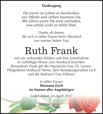 Traueranzeige von Ruth Frank von WVG - Wochenspiegel Merseburg