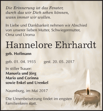 Traueranzeige von Hannelore Ehrhardt von Mitteldeutsche Zeitung Naumburg/Nebra