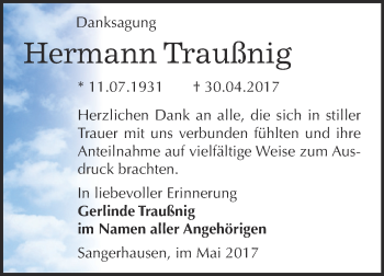 Traueranzeige von Hermann Traußnig von Super Sonntag SGH Mansf. Land