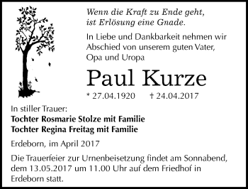 Traueranzeige von Paul Kurze von Mitteldeutsche Zeitung Mansfelder Land