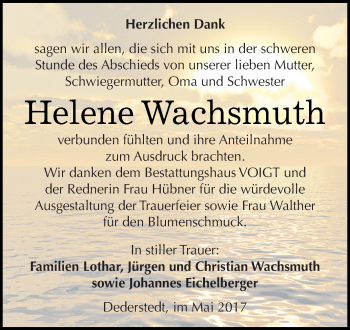 Traueranzeige von Helene Wachsmuth von Super Sonntag SGH Mansf. Land