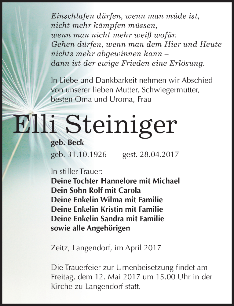  Traueranzeige für Elli Steiniger vom 06.05.2017 aus Mitteldeutsche Zeitung Zeitz