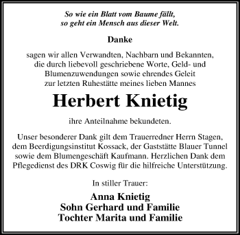 Traueranzeige von Herbert Knietig von Mitteldeutsche Zeitung Wittenberg