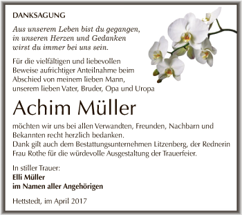 Traueranzeige von Achim Müller von Wochenspiegel Mansfelder Land