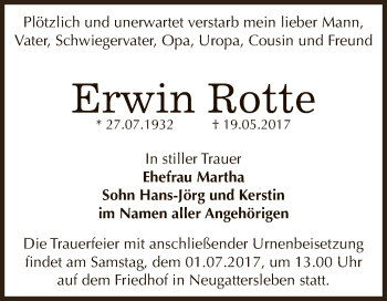 Traueranzeige von Erwin Rotte von Super Sonntag Bernburg