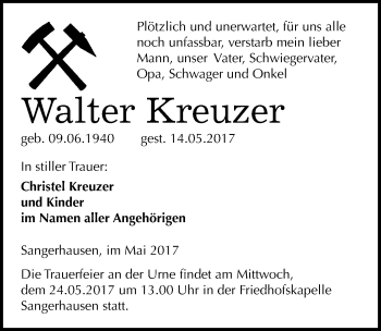 Traueranzeige von Walter Kreuzer von Mitteldeutsche Zeitung Sangerhausen