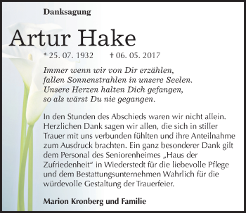 Traueranzeige von Artur Hake von Mitteldeutsche Zeitung Mansfelder Land