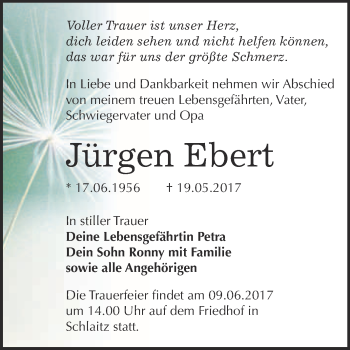 Traueranzeige von Jürgen Ebert von WVG - Wochenspiegel Bitterfeld