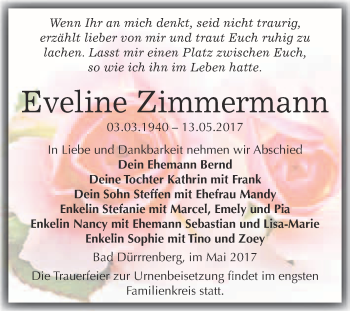 Traueranzeige von Eveline Zimmermann von Super Sonntag Merseburg