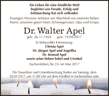 Traueranzeige von Walter Apel von Super Sonntag Aschersleben