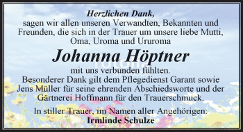 Traueranzeige von Johanna Höptner von Mitteldeutsche Zeitung Aschersleben