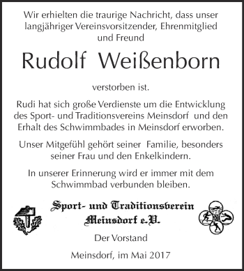 Traueranzeige von Rudolf Weißenborn von WVG - Wochenspiegel Dessau / Köthen