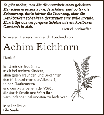 Traueranzeige von Achim Eichhorn von WVG - Wochenspiegel Dessau / Köthen