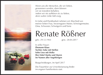 Traueranzeige von Renate Rößner von WVG - Wochenspiegel NMB / WSF / ZTZ