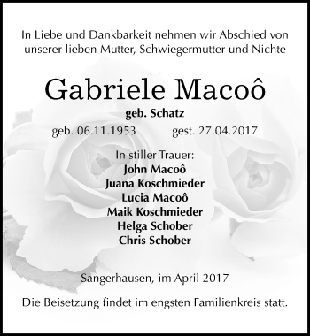 Traueranzeige von Gabriele Macoô von Mitteldeutsche Zeitung Sangerhausen