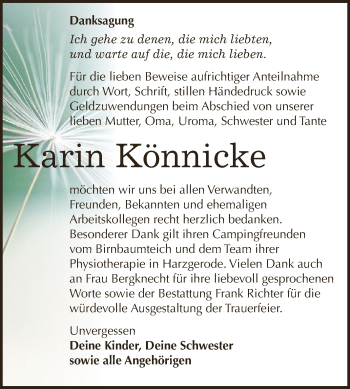 Traueranzeige von Karin Könnicke von Super Sonntag SGH Mansf. Land