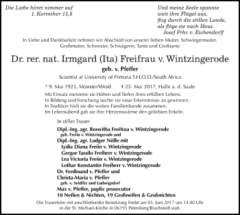 Traueranzeige von Irmgard Freifrau v. Wintzingerode von Mitteldeutsche Zeitung Halle/Saalkreis