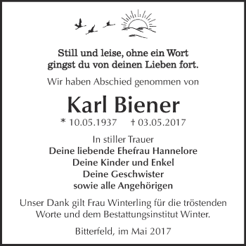 Traueranzeige von Karl Biener von WVG - Wochenspiegel Bitterfeld