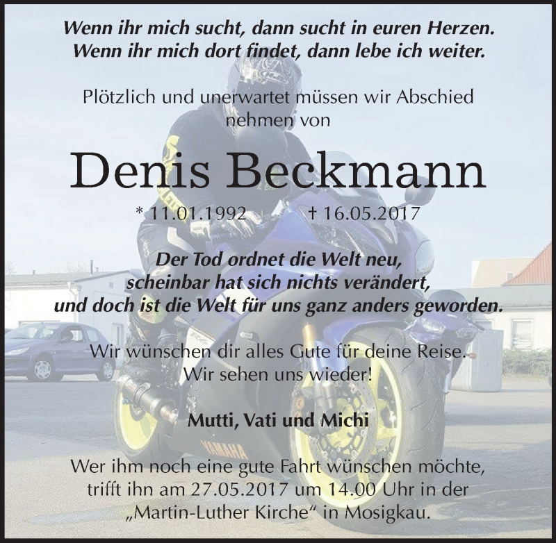  Traueranzeige für Denis Beckmann vom 23.05.2017 aus Mitteldeutsche Zeitung Dessau-Roßlau