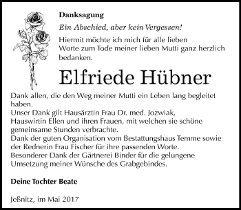 Traueranzeige von Elfriede Hübner von Mitteldeutsche Zeitung Bitterfeld