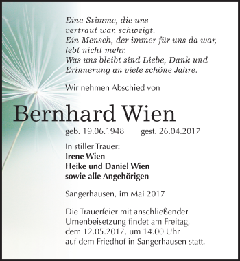 Traueranzeige von Bernhard Wien von Mitteldeutsche Zeitung Sangerhausen
