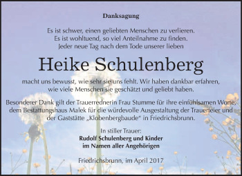 Traueranzeige von Heike Schulenberg von WVG - Wochenspiegel Quedlinburg