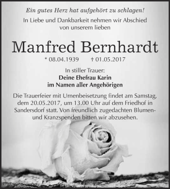 Traueranzeige von Manfred Bernhardt von WVG - Wochenspiegel Bitterfeld